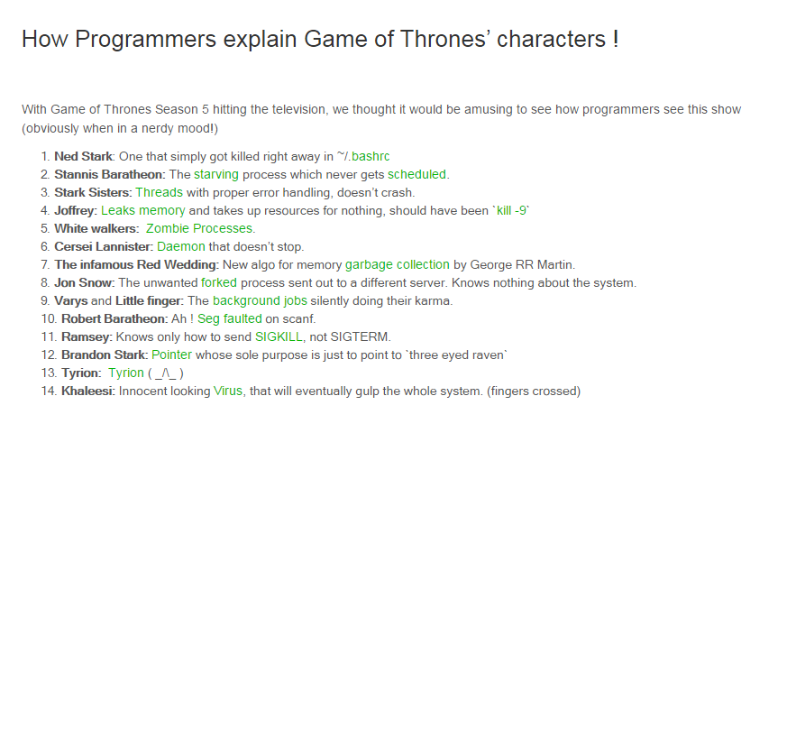 How Programmers Explain Game of thrones characters