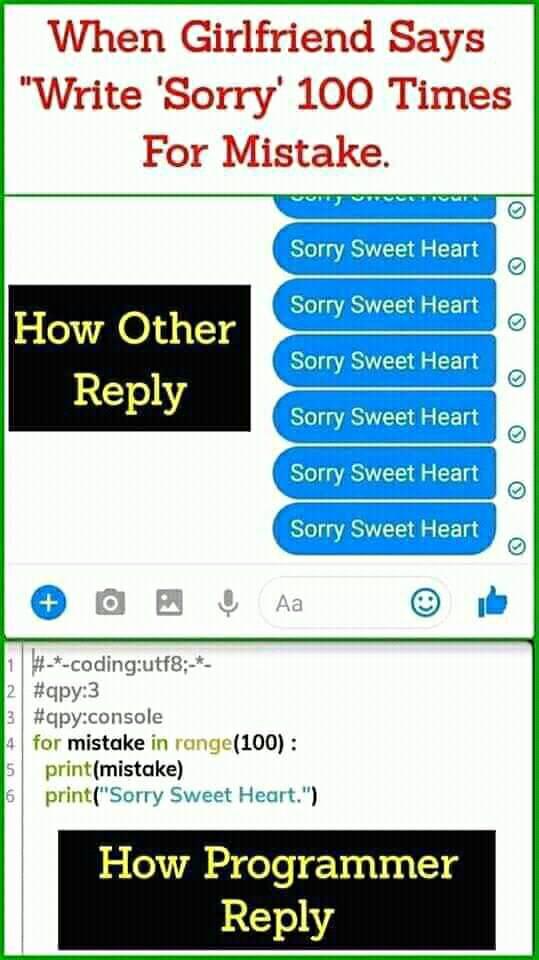 When Girlfriend says write Sorry 100 times for Mistake, How other reply vs How programmer reply